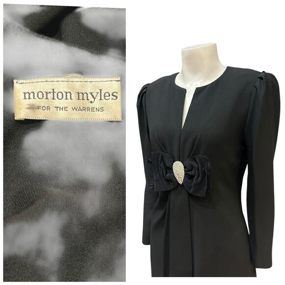 Vintage 1980s Morton Myles Black Cocktail Dress – Rhinestone Bow / Small - - Picture 4 of 4